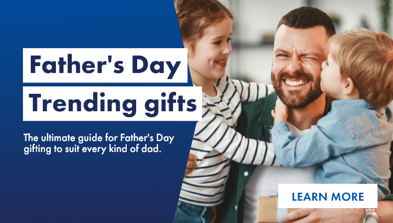Father's Day Gift Guide for Dad banner with a dad and his two kids and a Learn More button.