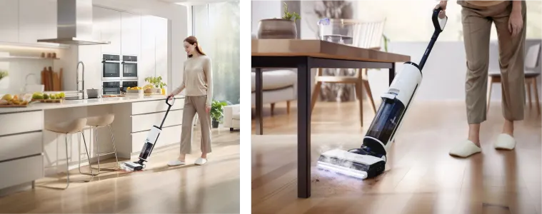 Woman vacuums with Tineco hard floor cleaner