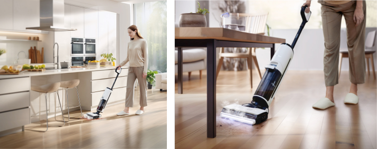 Woman vacuums with Tineco hard floor cleaner