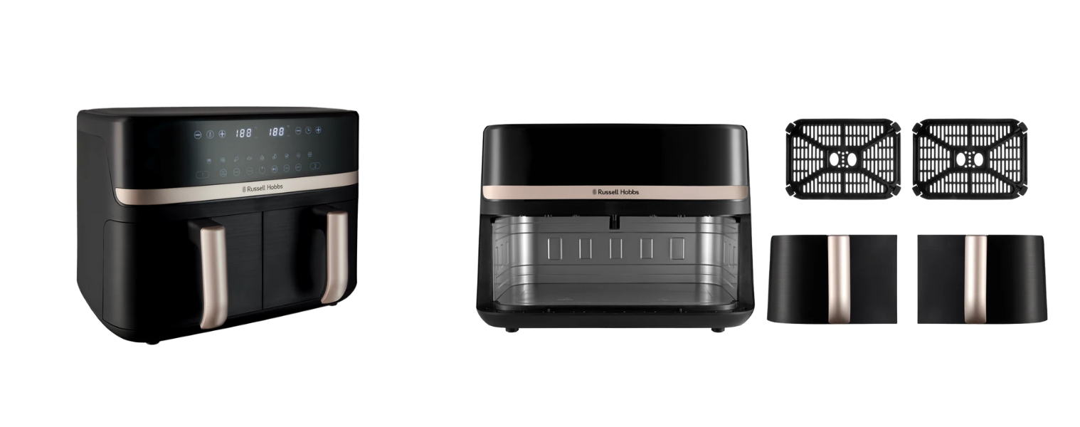 side and front angle with the basket draws taken out and shown of the Russell Hobbs 9 Lt Satisfry Dual Basket Air Fryer