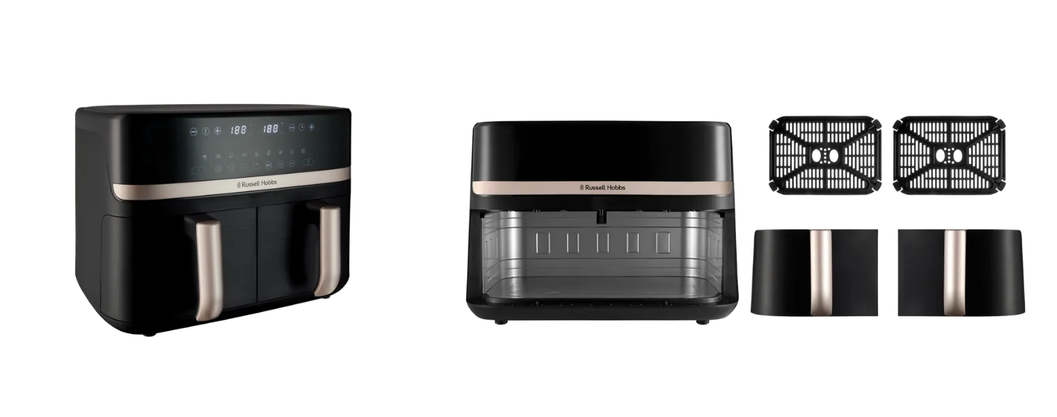 side and front angle with the basket draws taken out and shown of the Russell Hobbs 9 Lt Satisfry Dual Basket Air Fryer