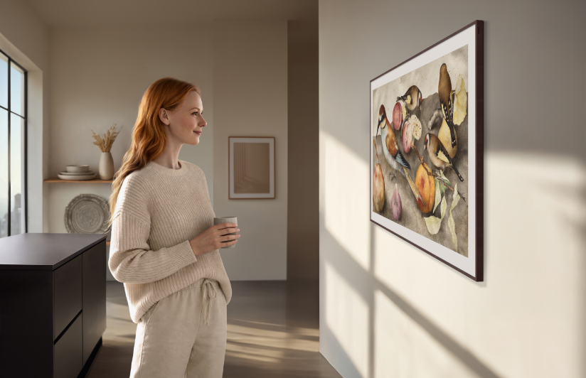 Side shot of Samsung lifestyle tv on wooden wall.