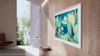 Side shot of Samsung lifestyle tv on wooden wall.