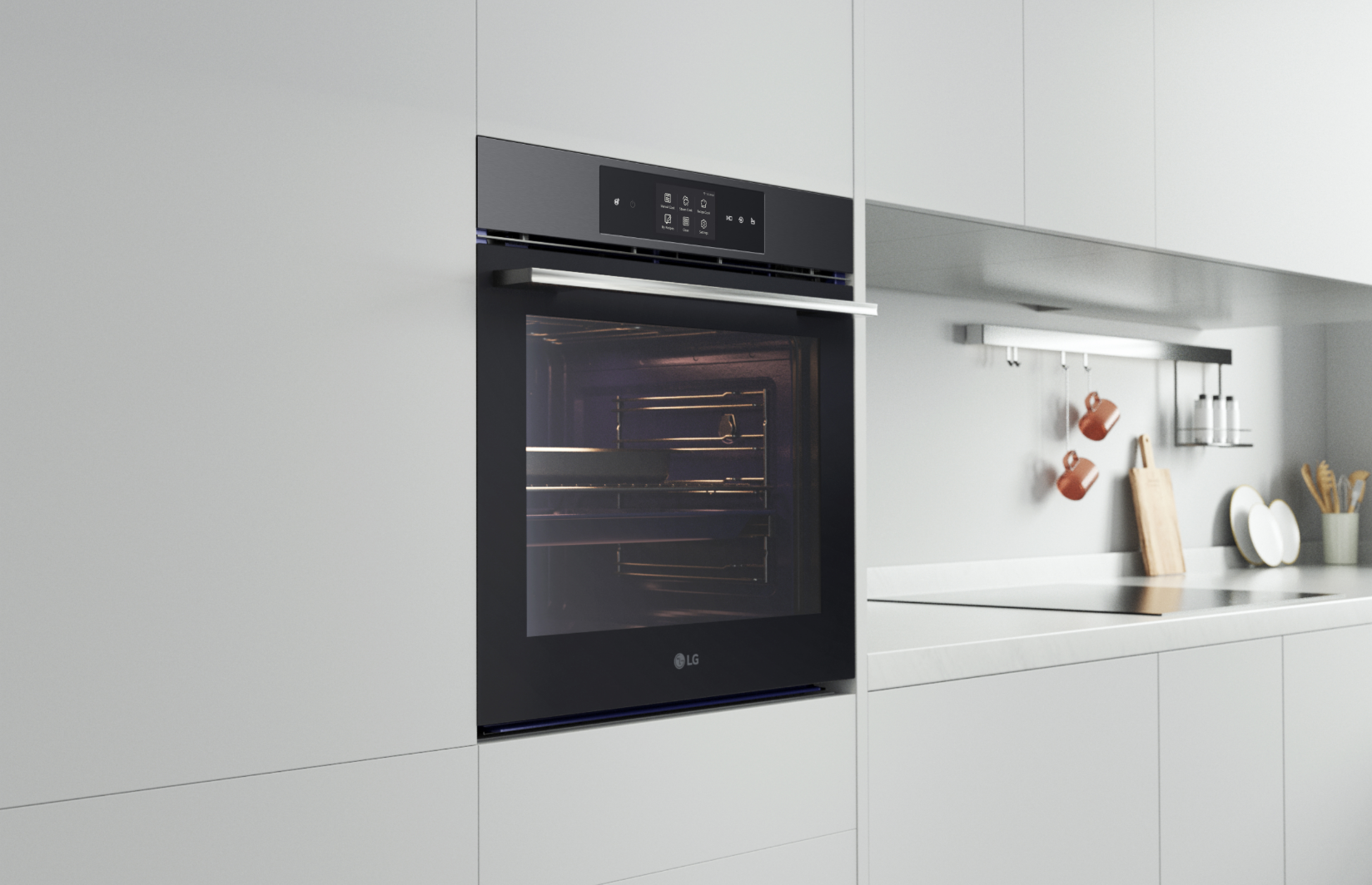 LG Series 9 76L InstaView Full Steam Oven, Glass in white kitchen. 