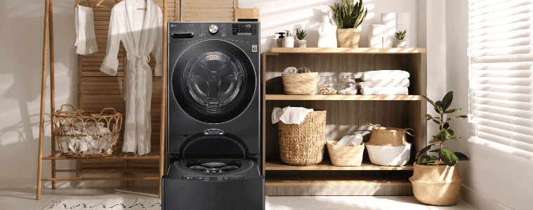 LG black TwinWash in chick white laundry 