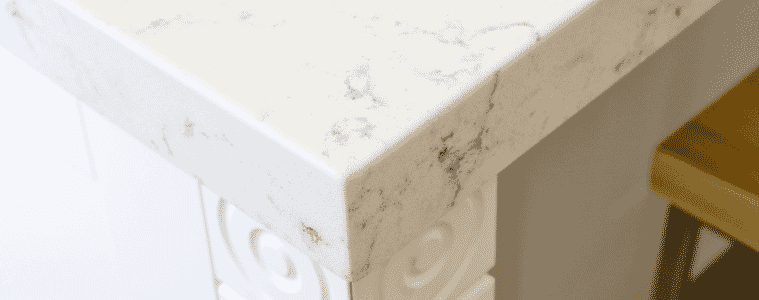 A closeup of a marble kitchen benchtop
