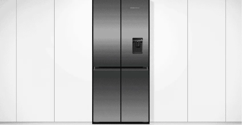 A product shot of the Fisher  Paykel Quad Door Fridge with Water Dispenser