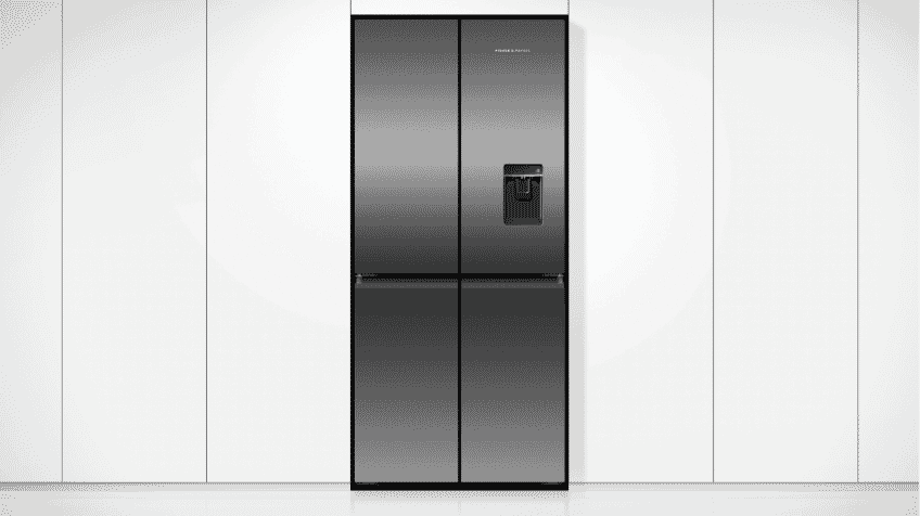 A product shot of the Fisher  Paykel Quad Door Fridge with Water Dispenser