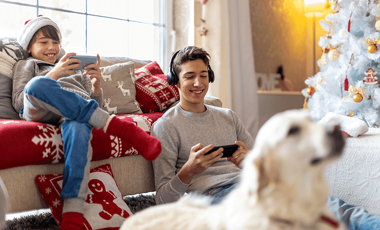 Two brothers sit in the living room of their home near a Christmas tree and play on a gaming console together