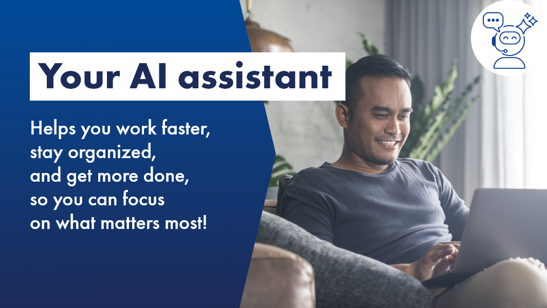 Man using Laptop with AI to help him get organised and stay focused in living room. 