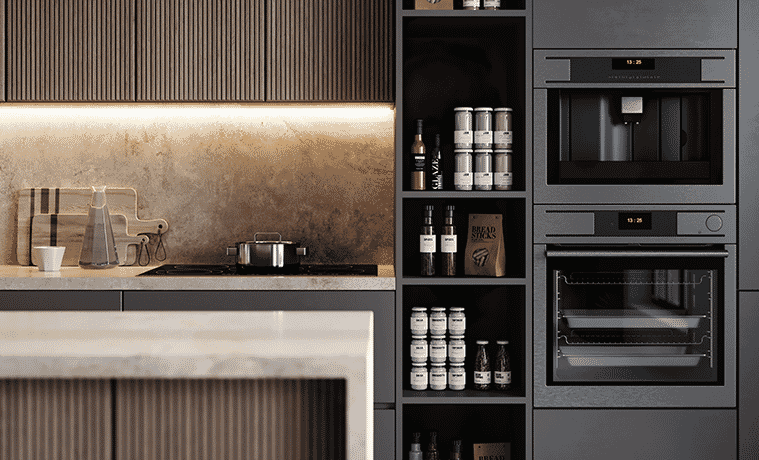 Modern kitchen detail with dark timber cabinetry natural stone island bench and splashback and builtin coffee machine and wall oven in a black finish 
