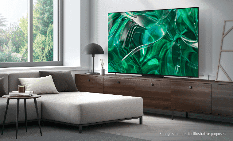 The Samsung 77 S95C 4K OLED Smart TV 2023 mounted on a loungeroom wall 