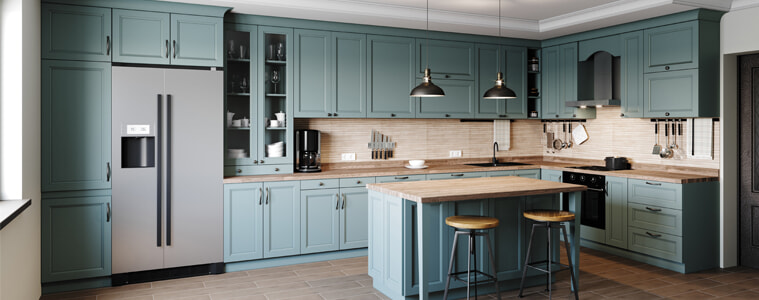 A chrome fridge in a soft blue kitchen