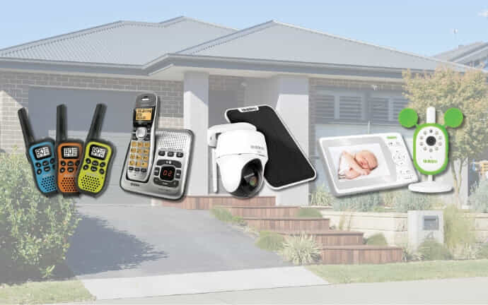 Uniden radios phone security camera and baby monitor set in front of a house