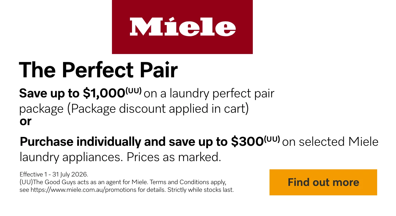 Purchase a Miele laundry perfect pair and Save up to $1000 OR Savings of up to $300 on individual purchases of Miele washers and dryers.