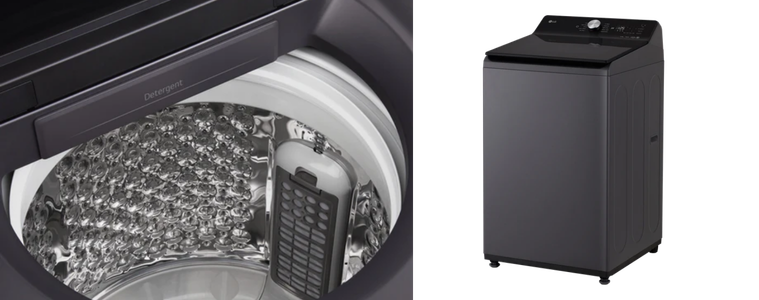 Close-up inside an LG top load washing machine stainless steel drum with lint filter and detergent tray. LG black top load washing machine with digital control panel, shown at a side angle