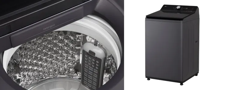 Close-up inside an LG top load washing machine stainless steel drum with lint filter and detergent tray. LG black top load washing machine with digital control panel, shown at a side angle