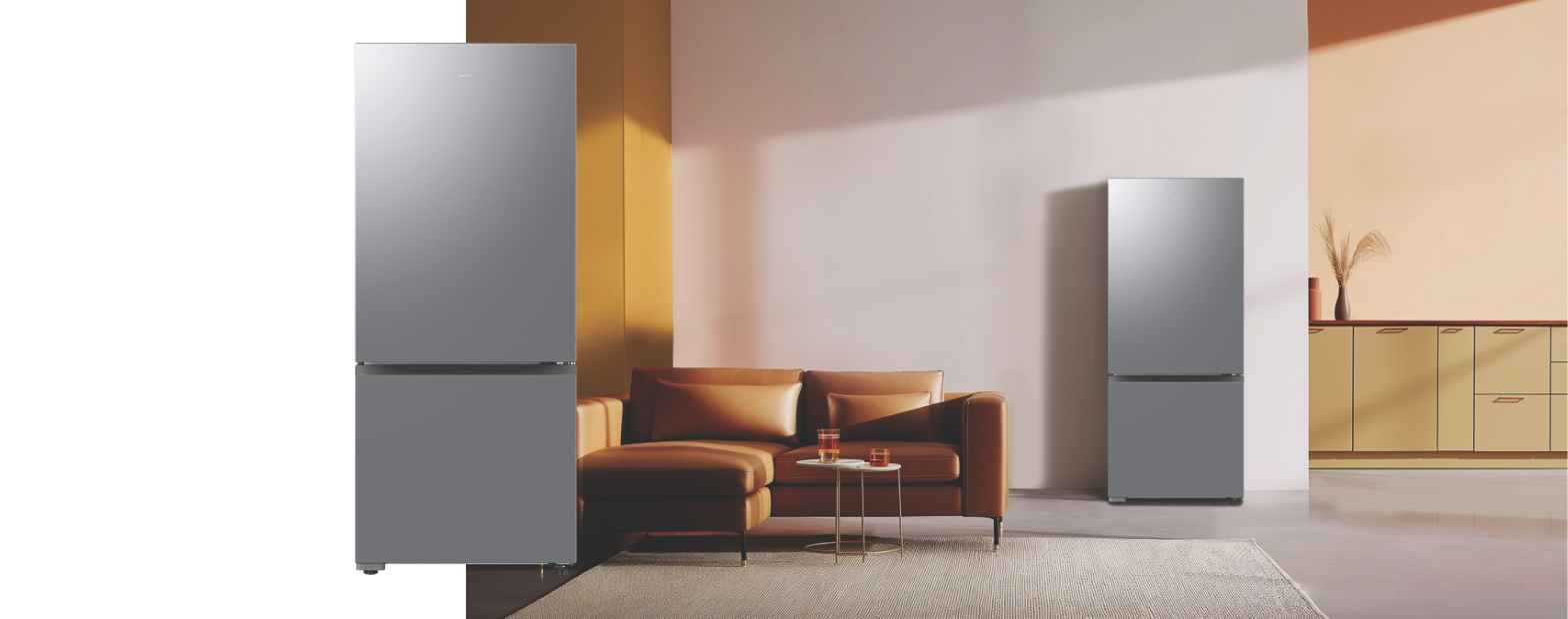Product and lifestyle image of the Samsung 427L Bottom Mount Refrigerator