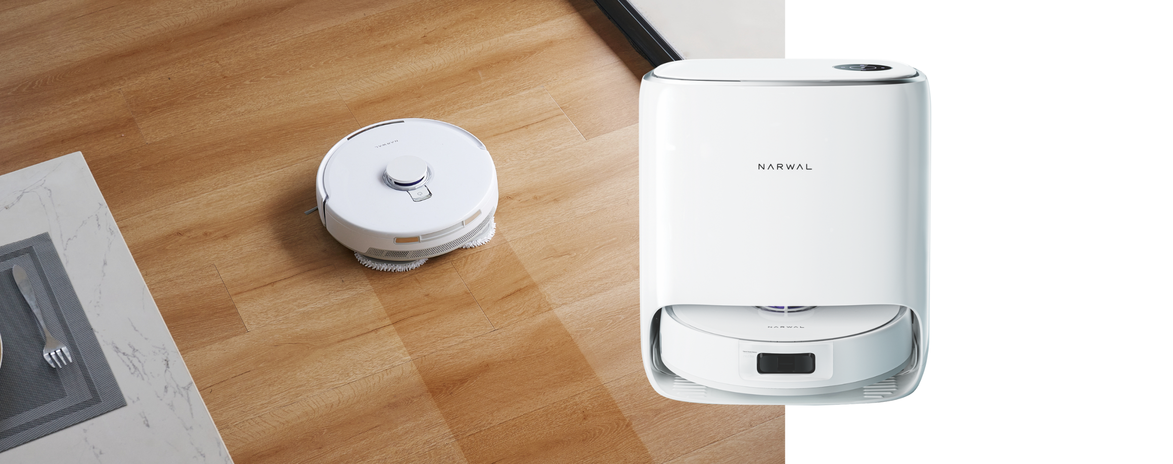 Product and lifestyle image of the Narwal Freo X Ultra Robot Vacuum and Mop