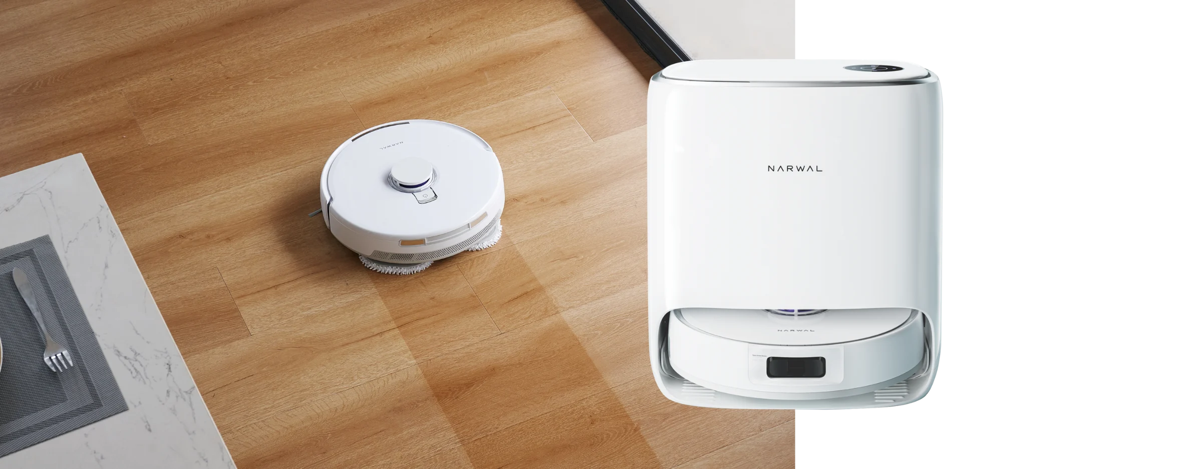 Product and lifestyle image of the Narwal Freo X Ultra Robot Vacuum and Mop
