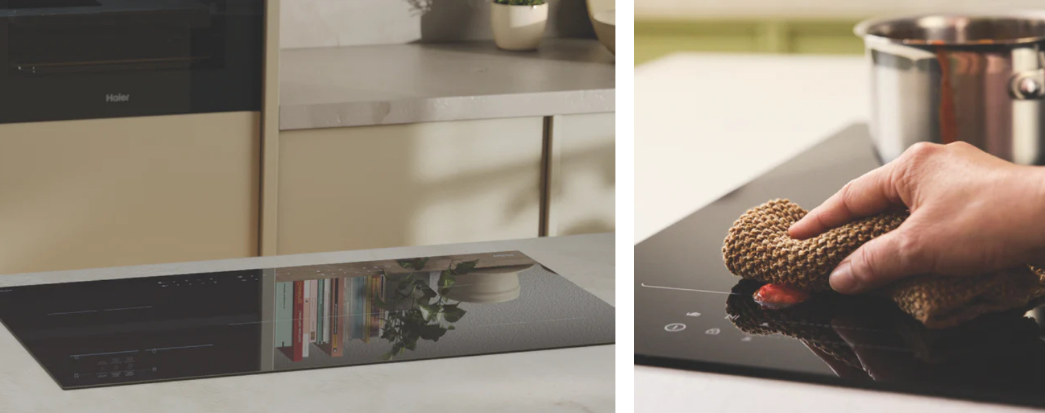 Haier 300 Series 90cm Induction Cooktop, 5 Zone, Low Current, Black Glass in modern kitchen