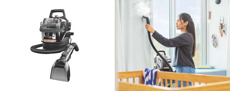 a woman cleans the carpet using her Bissell SpotClean Hydrosteam