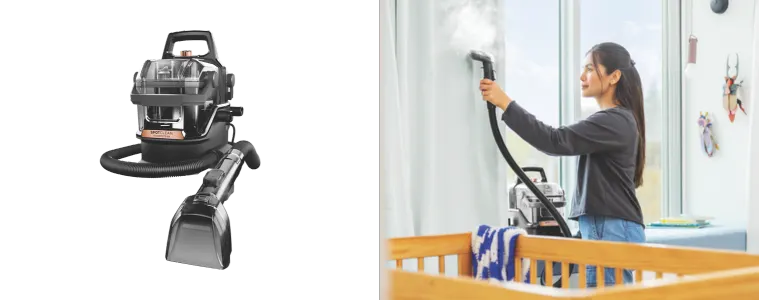 a woman cleans the carpet using her Bissell SpotClean Hydrosteam