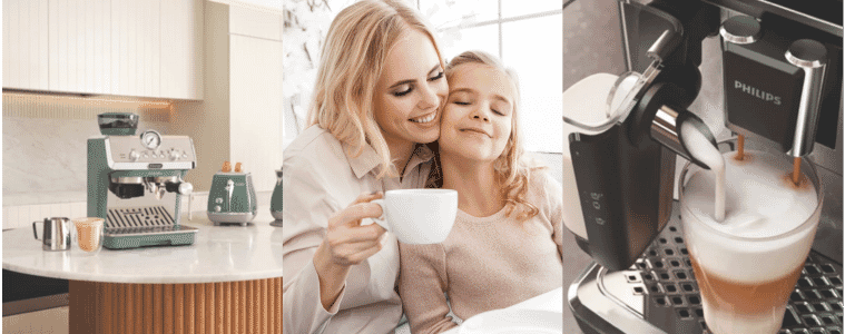 a mum waiting for her morning coffee whilst holding her baby 