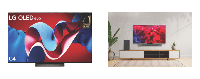 Front on image of a LG 65 OLED 4K EVO C4 Smart TV 24 and image of a LG 65 OLED 4K EVO C4 Smart TV 24 on a TV cabinet
