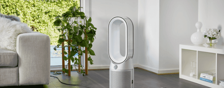 Dyson Purifier HotCool WhiteSilver in a sunny living area