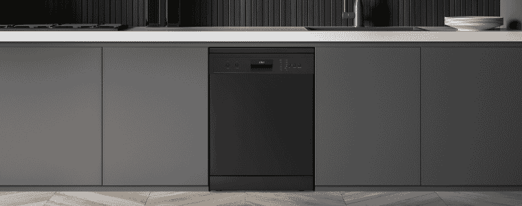 A Solt dishwasher fitted amongst black cabinetry