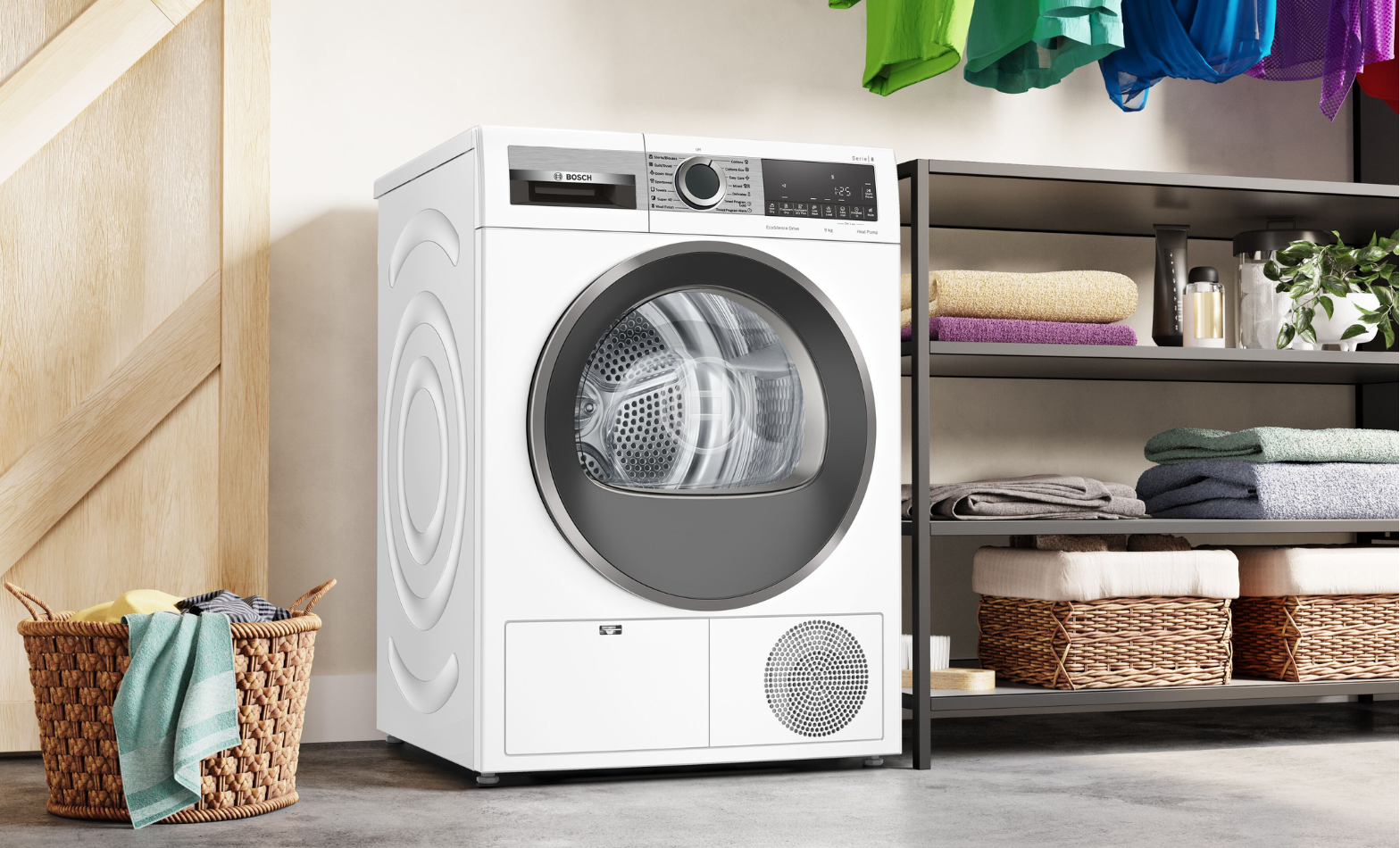 White Bosch Heat Pump Dryer in a laundry 