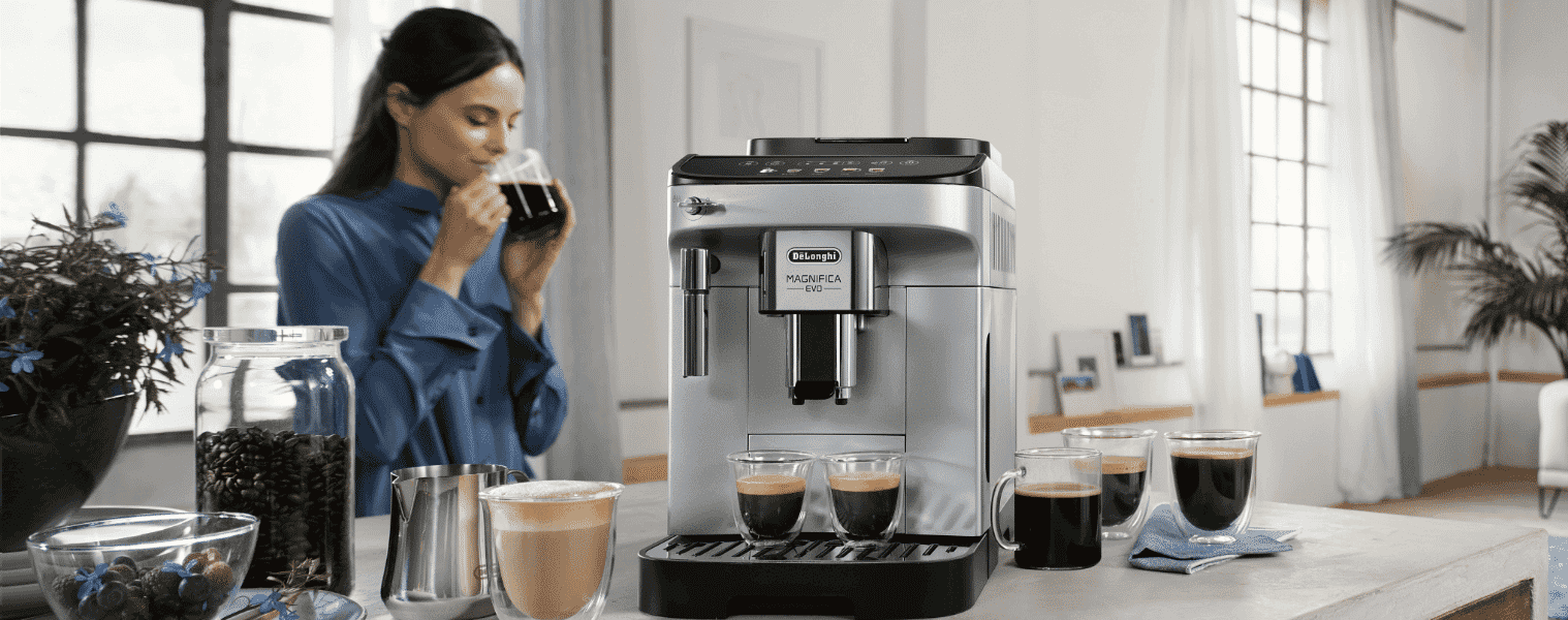 Coffee beans being poured into the Delonghi Magnifica EVO Titan Coffee Machine