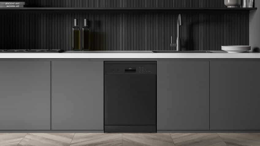 Solt Matte Black Dishwasher in all black kitchen 