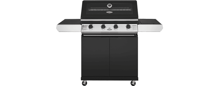 Product image of the BeefEater 1200 Series Black Enamel 4 Burner BBQ  Trolley w Side Burner Cast Iron Burners  Grills