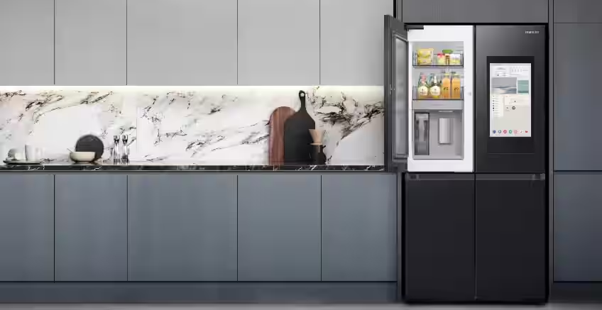 The top left door of a Samsung French door fridge is open revealing the Beverage Centre