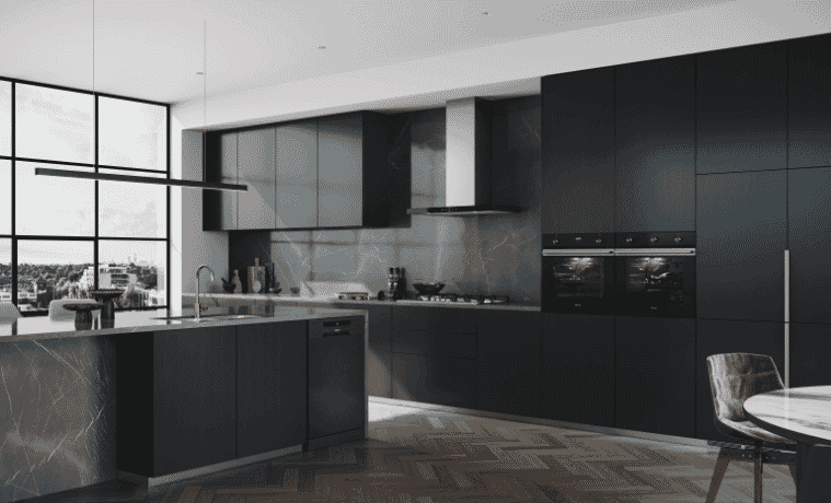 A black kitchen with dark timber flooring in an apartment