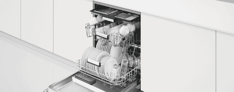 The Fisher  Paykel 60cm Stainless Steel Dishwasher in a white kitchen