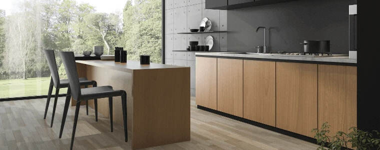 A modern black and timber kitchen in the countryside