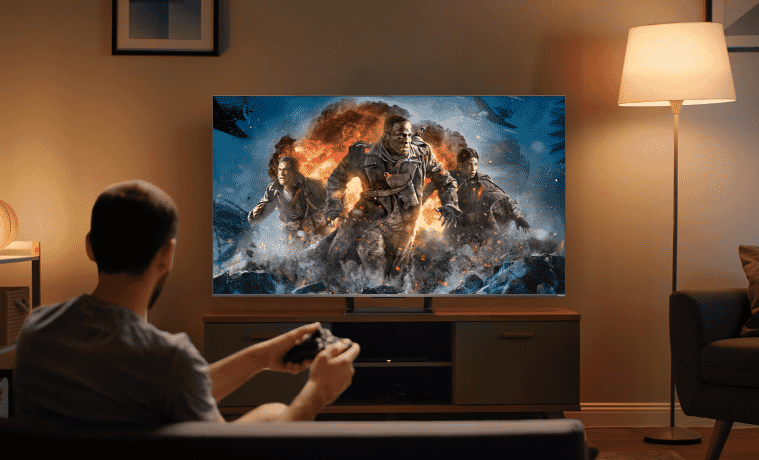 a boy playing PlayStation on his TCL TV