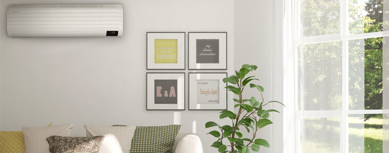 A split system air conditioner cools down a living room