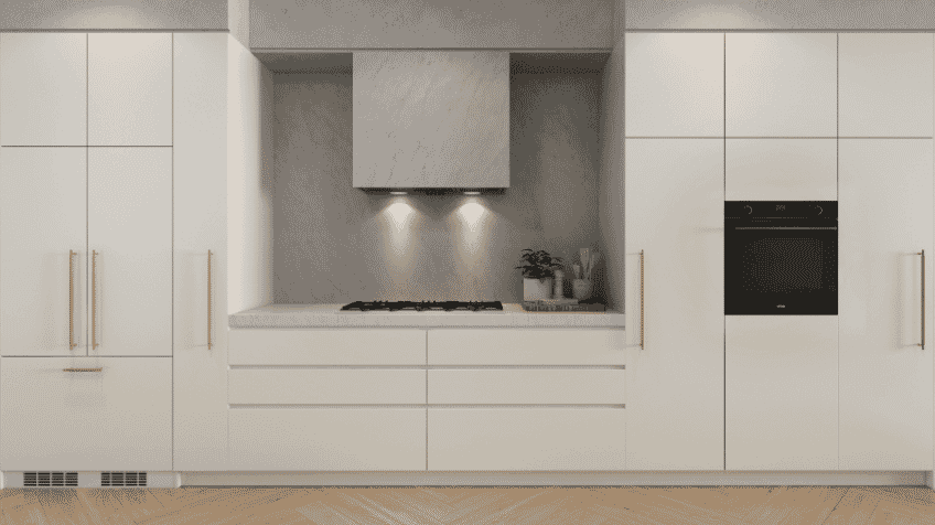 Built in omega rangehood in white and grey kitchen