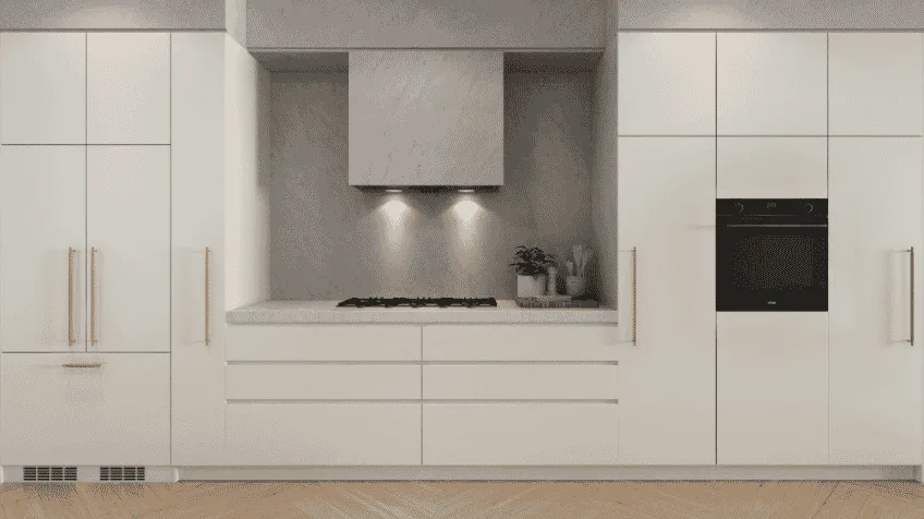 Built in omega rangehood in white and grey kitchen