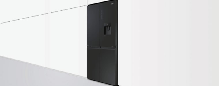 A matte black quad door fridge