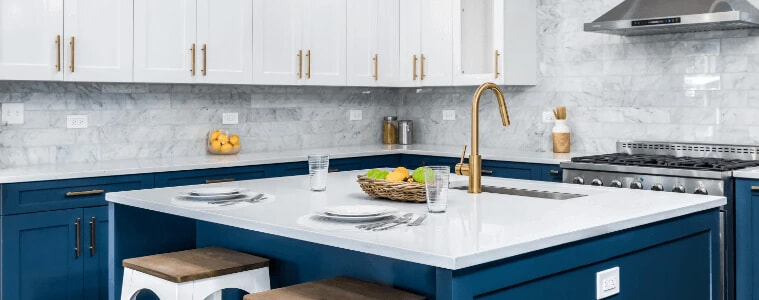 A contemporary blue and white kitchen