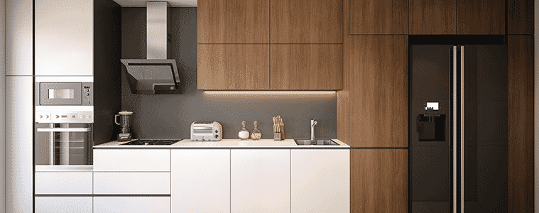 Stylish contemporary kitchen with a mix of white and dark timber veneer cabinetry a black side by side fridge statement stainless steel rangehood and wall ovens