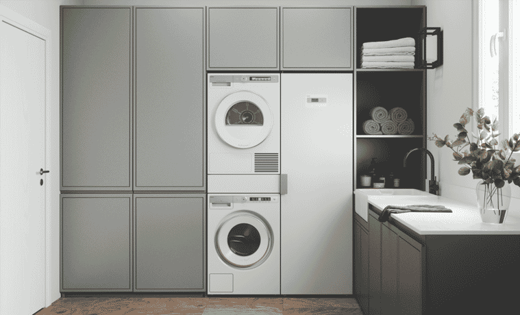 A white drying cabinet next to a matching washer and dryer in a neutral laundry