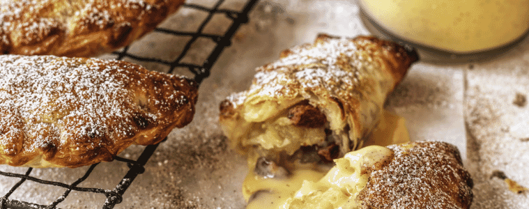 Apple hand pies fresh from the oven sit on a wire cooling rack with some of the pies drizzled with vanilla custard on the bench  
