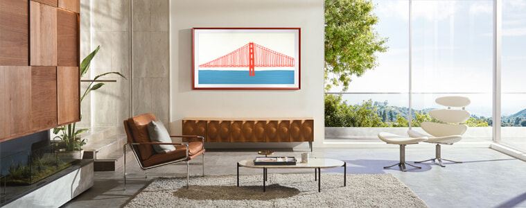A lifestyle TV displays artwork of a bridge in a sleek modern living room