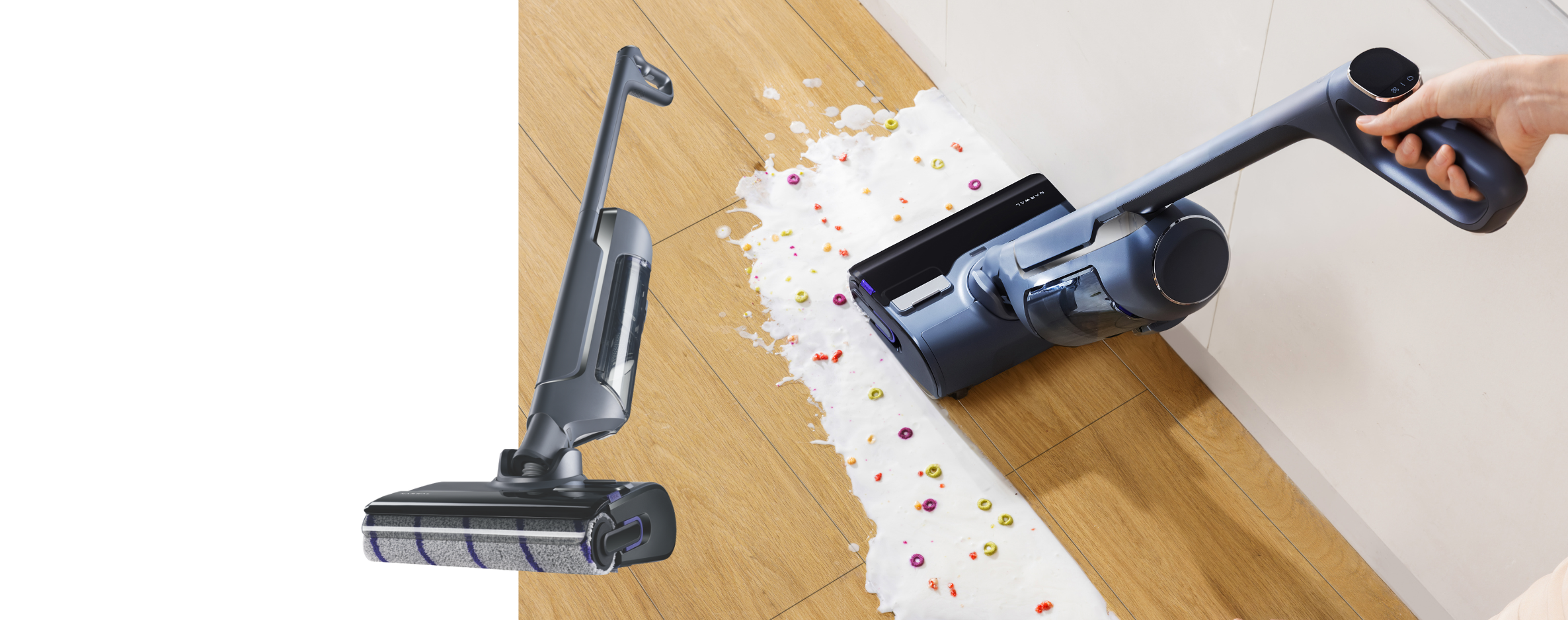 Product and lifestyle image of the Narwal S20 Pro Wet & Dry Cordless Hard Floor Cleaner
